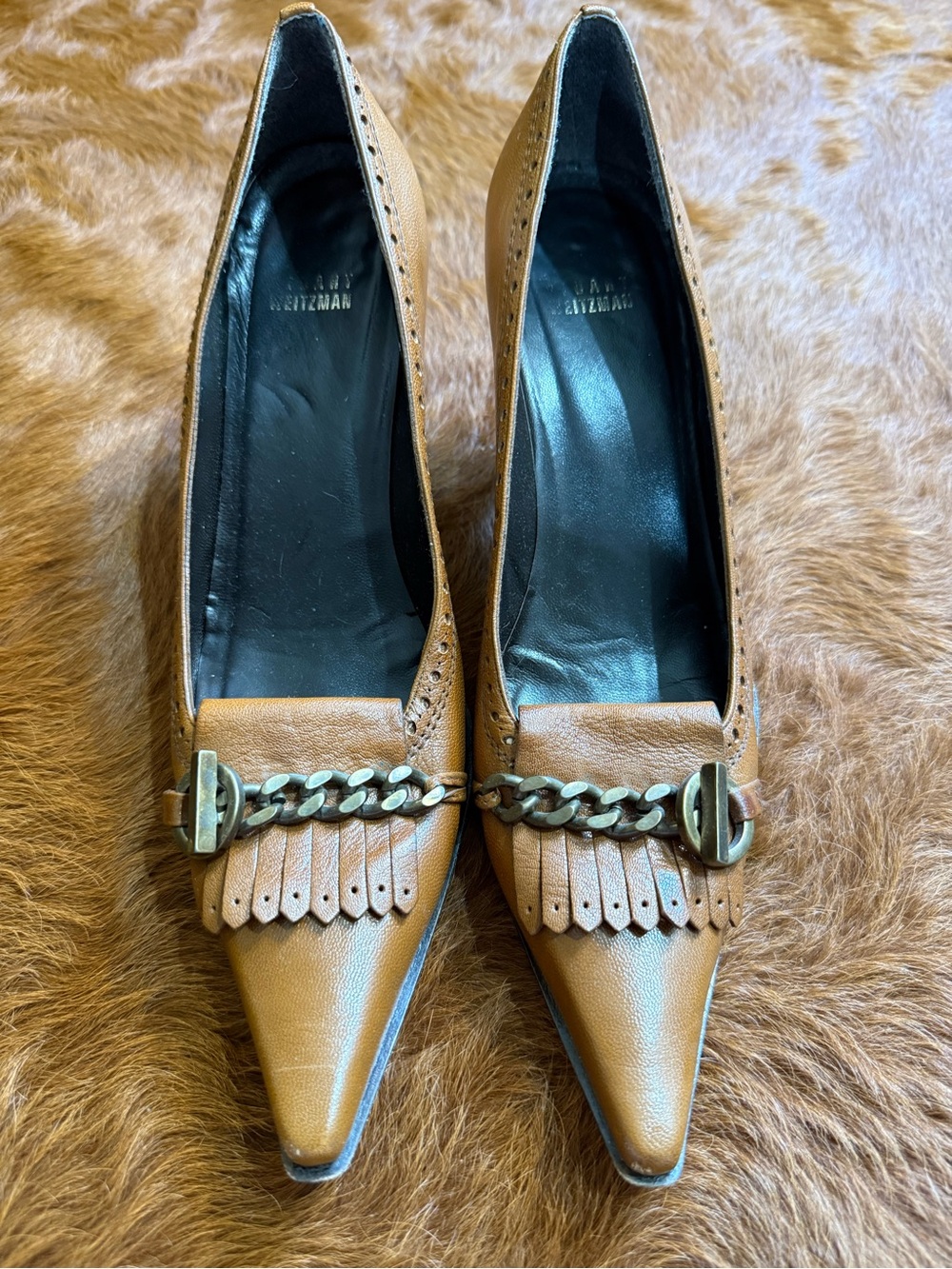 Stuart Weitzman Tan Leather Pointed-Toe Pumps with Gold Chain Detail